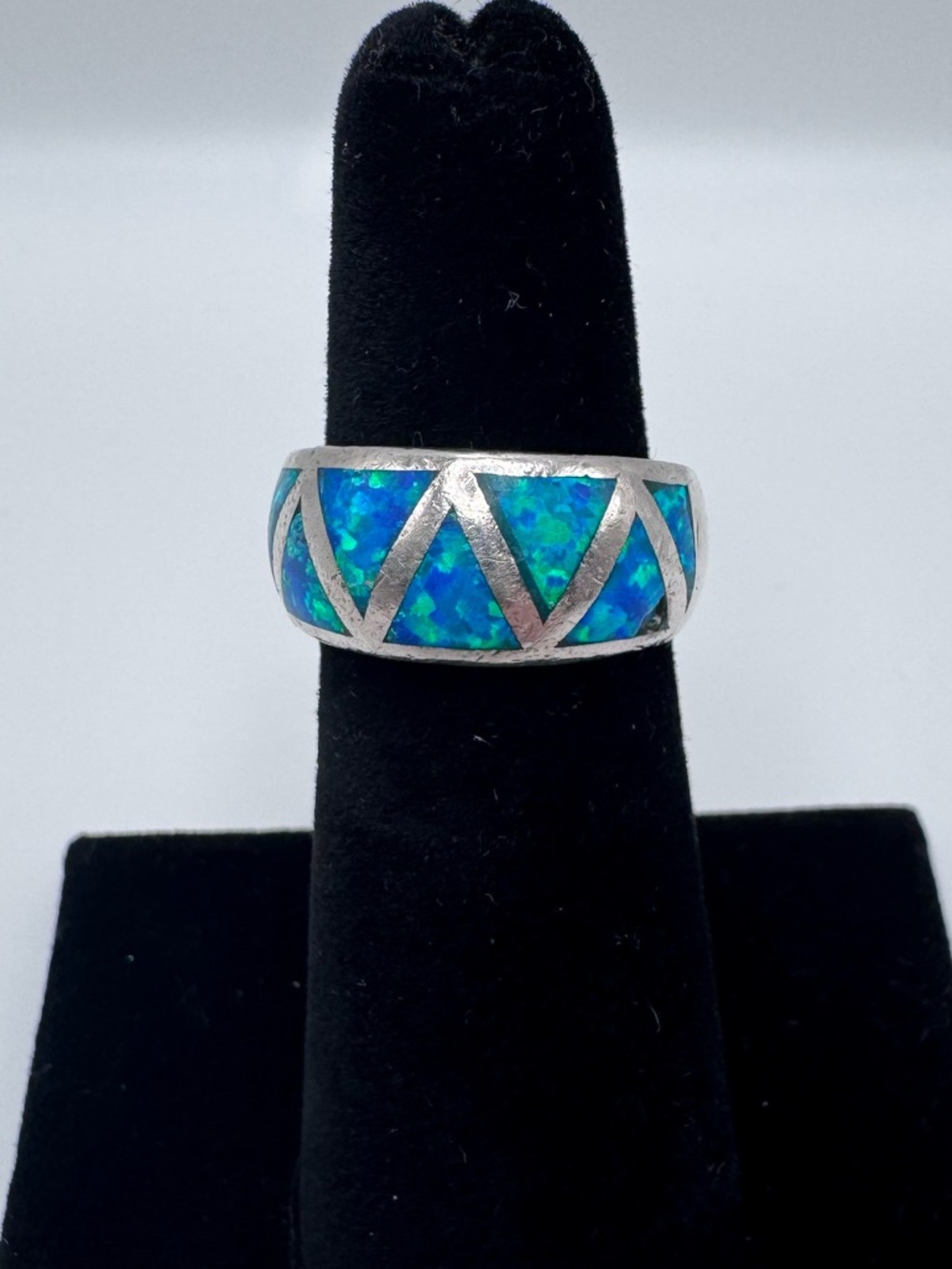 Vintage Sterling Silver Opal Inlay Gemstone Geometric Ring Sz 4.5-4.75